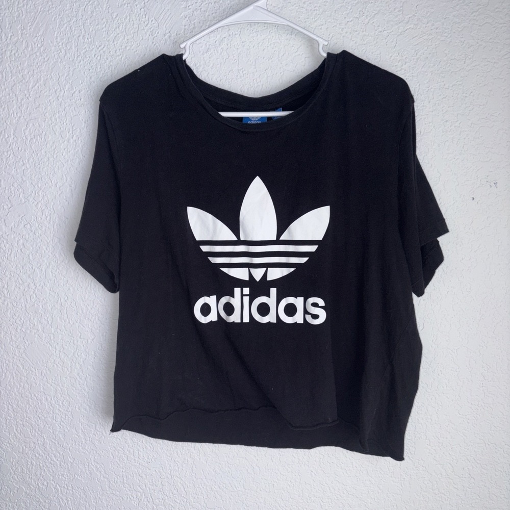 Women's Black Adidas Crop Top Size M Raw Hem Gym Workout Sporty